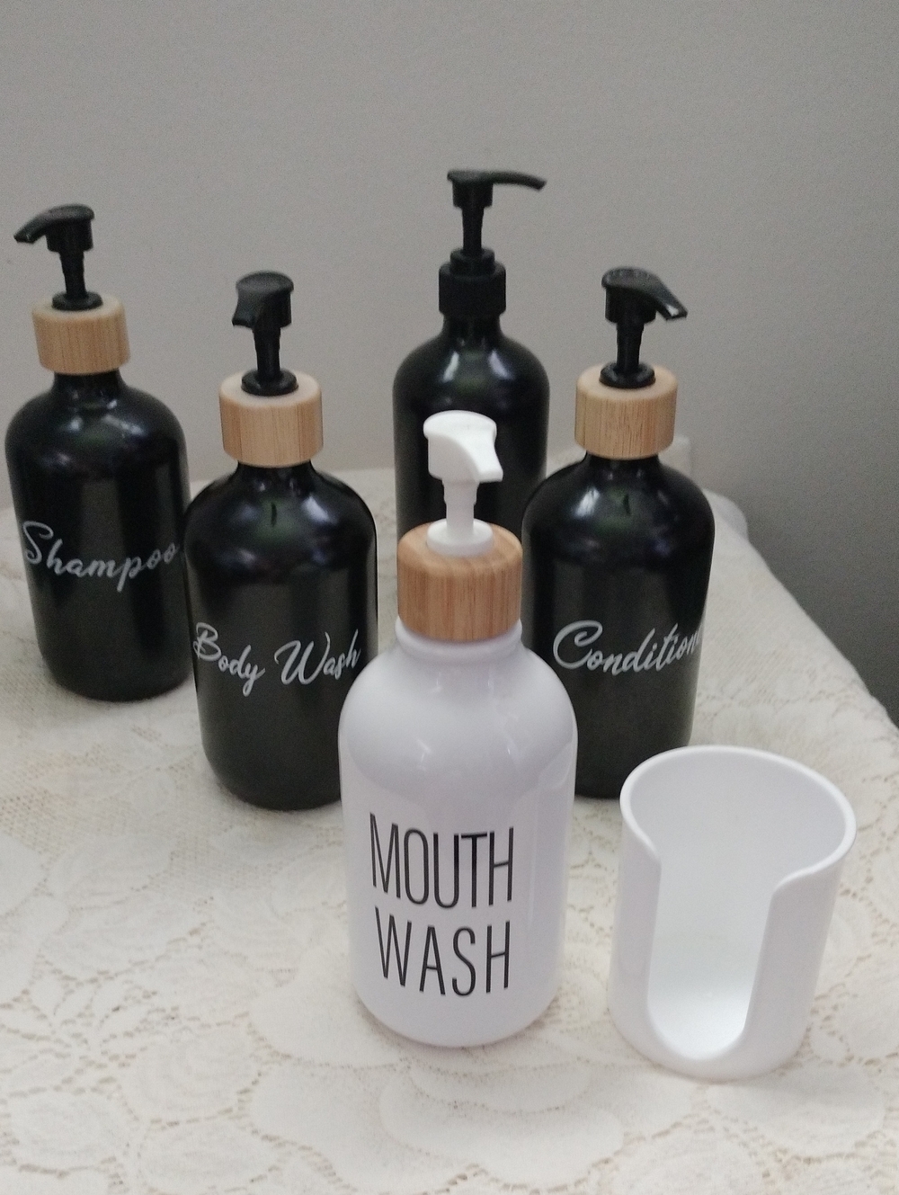 White Mouth Wash Dispenser / Black Plastic Bamboo Look Bath Bottles In Plastic